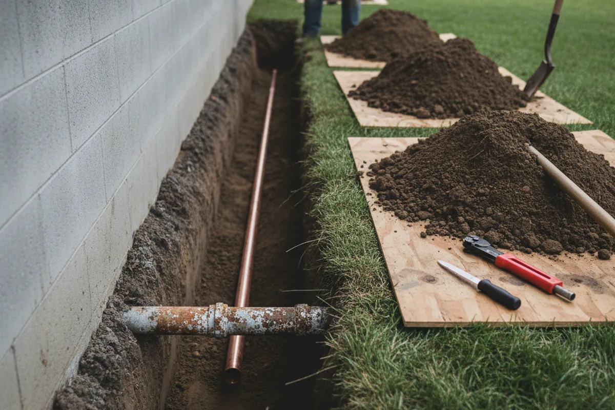 Excavated water line trench during Water Softener Installation in Texas City